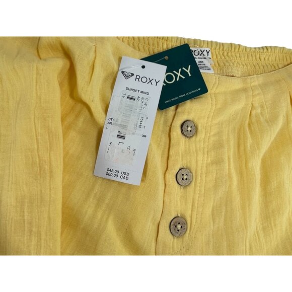 ROXY Sunset Mind Gauze Shorts Sz L Yellow Button Up Mid Rise 100% Cotton - Picture 3 of 9